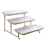 GIBSON elite Gracious Dining 3-Tier Rectangular Porcelain Serving Plate Set with Gold Metal Stand thumbnail 1