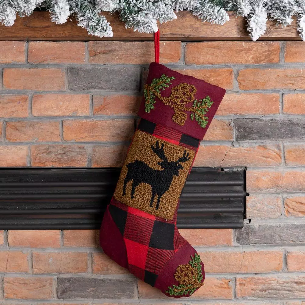 Glitzhome 19 in. Red and Black Plaid Christmas Stocking with Hooked Reindeer