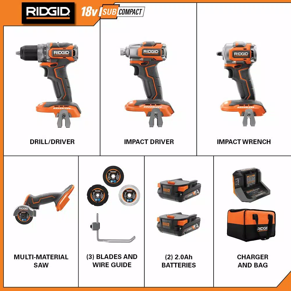 RIDGID 18V SubCompact Brushless Cordless 4-Tool Combo Kit with Impact Wrench and Multi-Material Saw