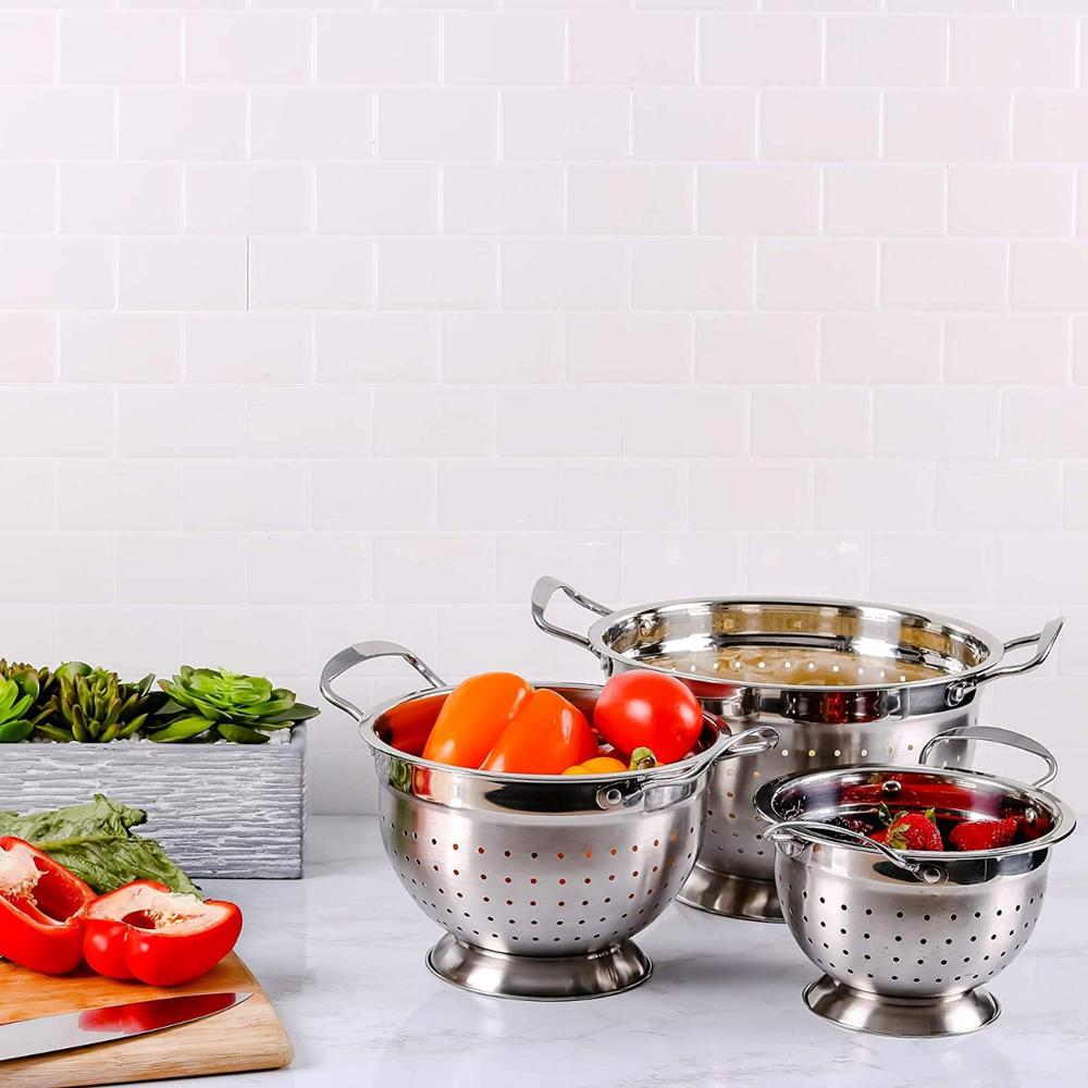 Ovente 3-Piece Stainless Steel Colander Set - 1.5qt, 3qt, 5qt - Dishwasher Safe