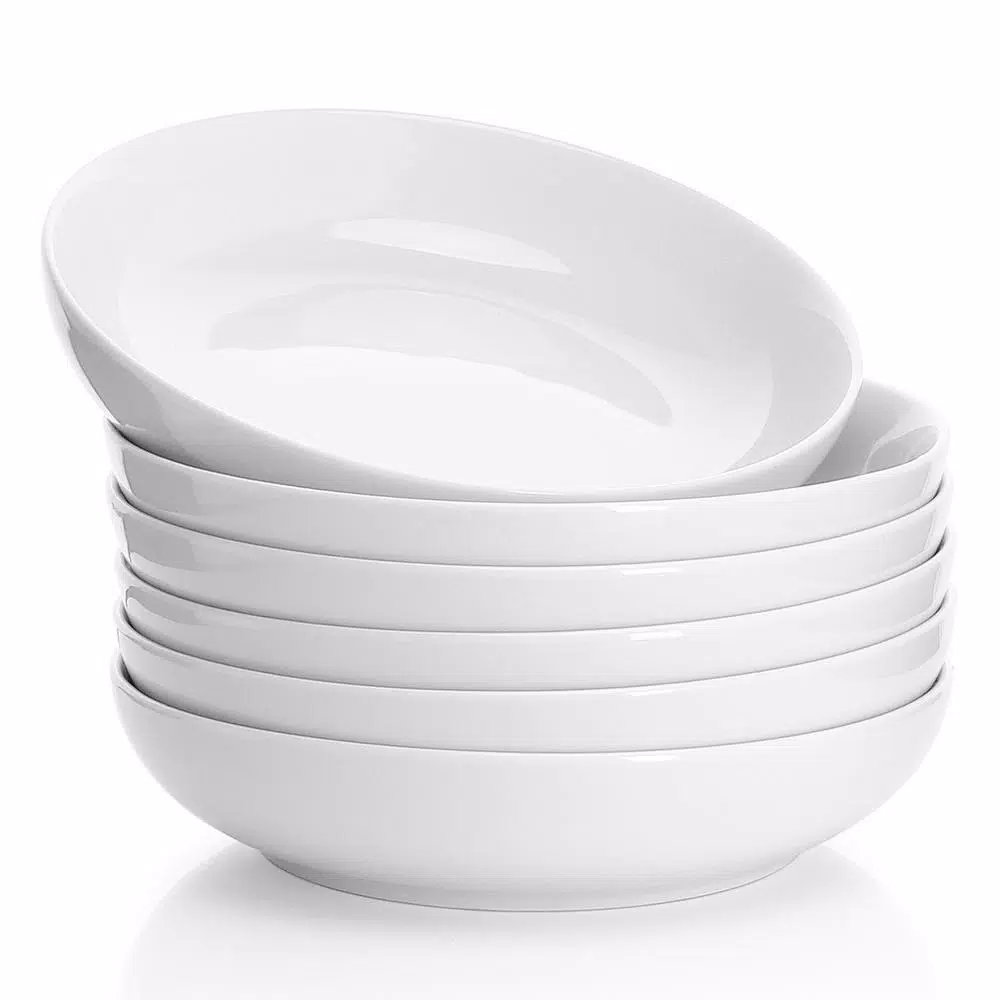 Sweese Porcelain Pasta Bowls, 22 oz Shallow Salad Bowls, Set of 6, White