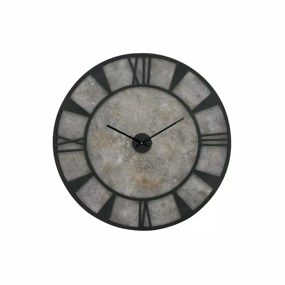 LITTON LANE 35 in. Modern Industrial Round Wall Clock - Matte Black Iron and Stone Gray Wood