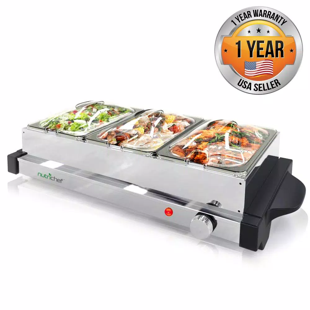 NutriChef 21.9 in. Stainless Steel 3-Plate Electric Buffet Server Food Warming Tray