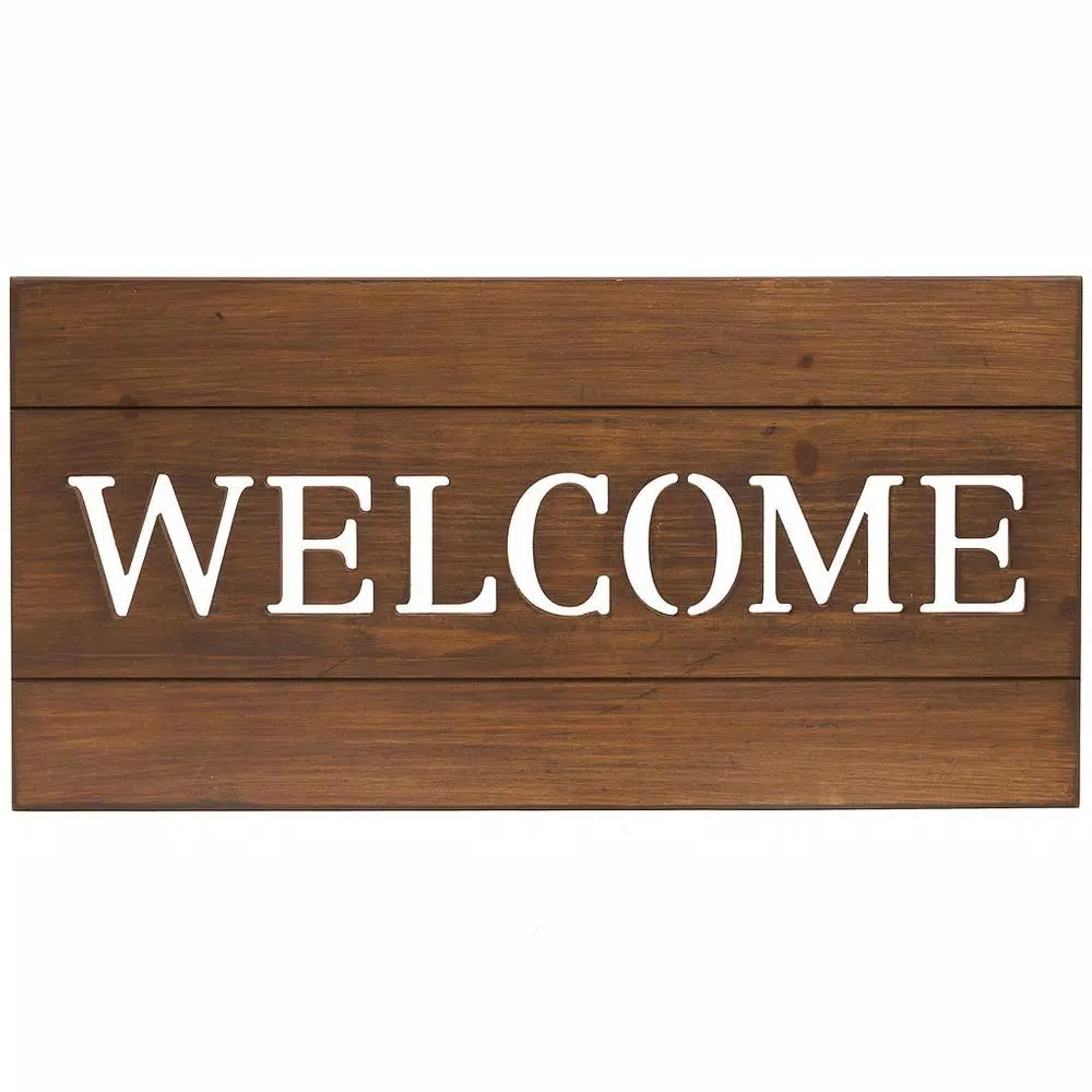 Pinnacle Patton Welcome Cut Out Wood Plank Wall Art Decor, Rustic Brown Wood Sign