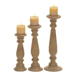 LITTON LANE Rustic Light Brown Carved Mango Wood Candle Holder Set of 3 thumbnail 1