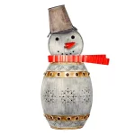 Alpine Corporation 30 in. Weathered Metal Barrel Snowman Sculpture with Warm White LED Lights thumbnail 1