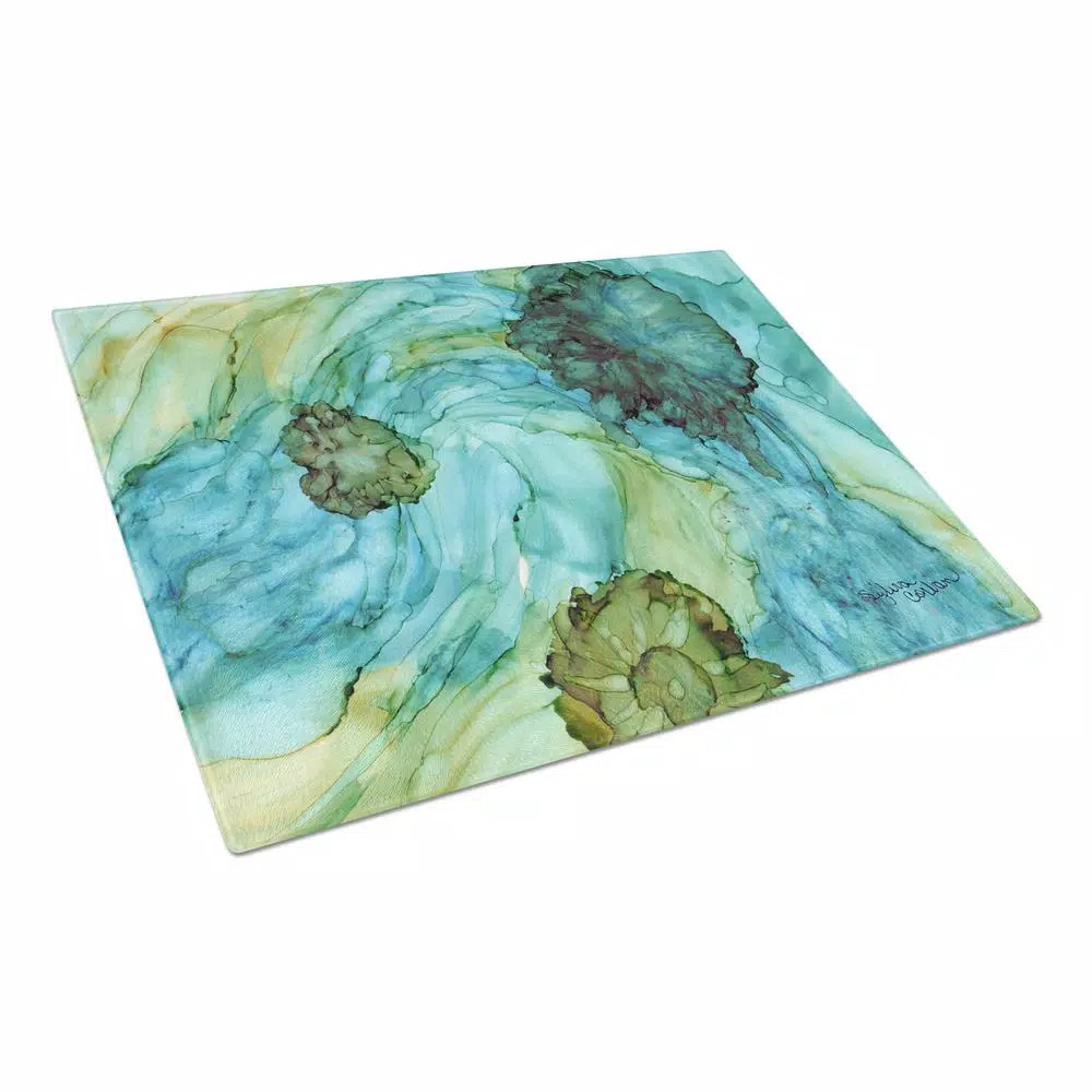 Caroline's Treasures Abstract Teal Flowers Tempered Glass Cutting Board, Heat Resistant, 15 x 15 in