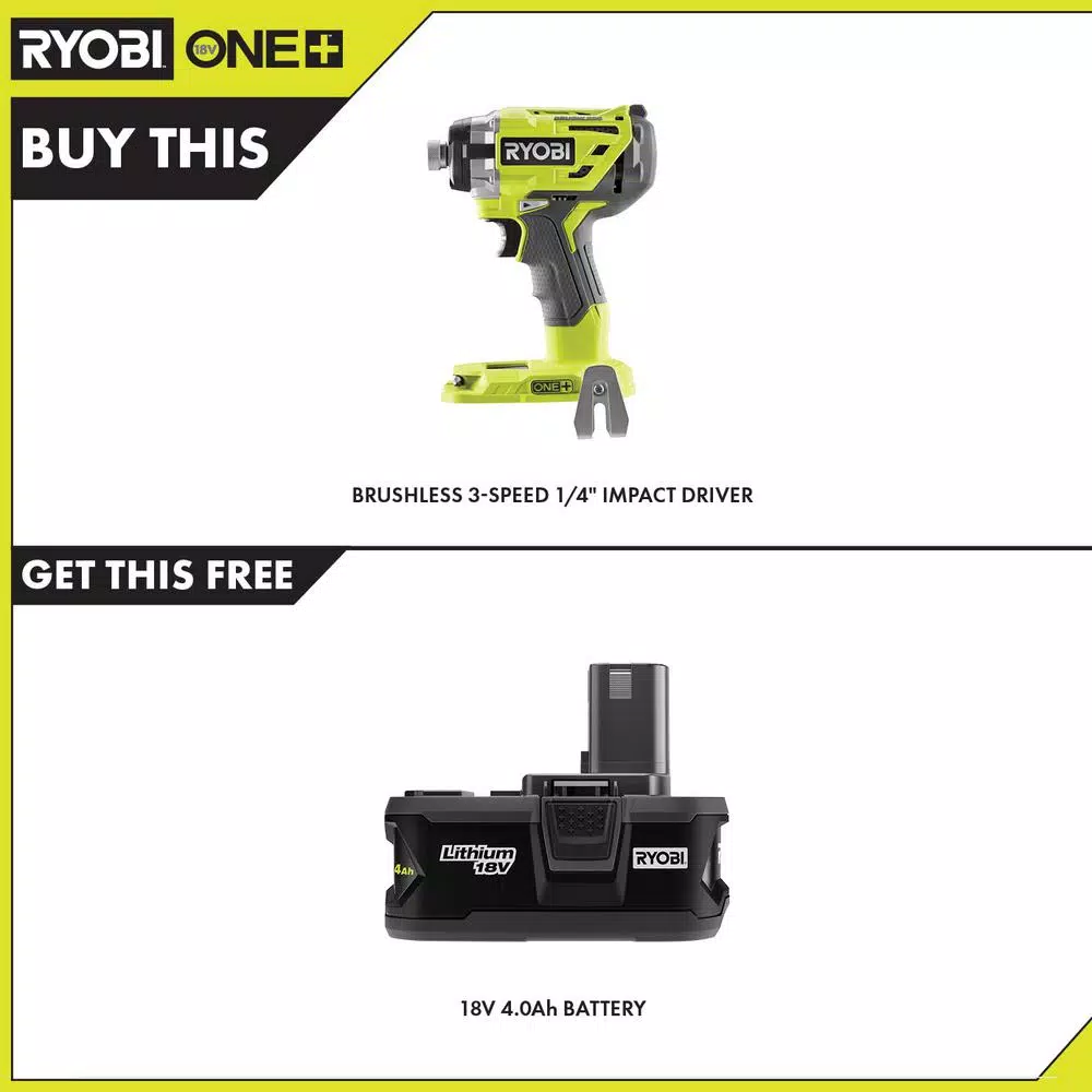 RYOBI 18V ONE+ Brushless 3-Speed 1/4 in. Hex Impact Driver Kit with 4.0 Ah Battery