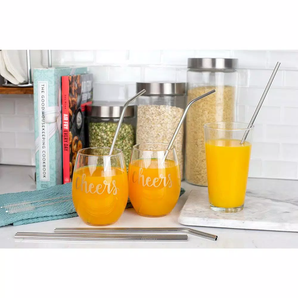 Unbranded Silver Reusable Stainless Steel Drinking Straw Set - 8 Piece Set with Cleaning Brushes