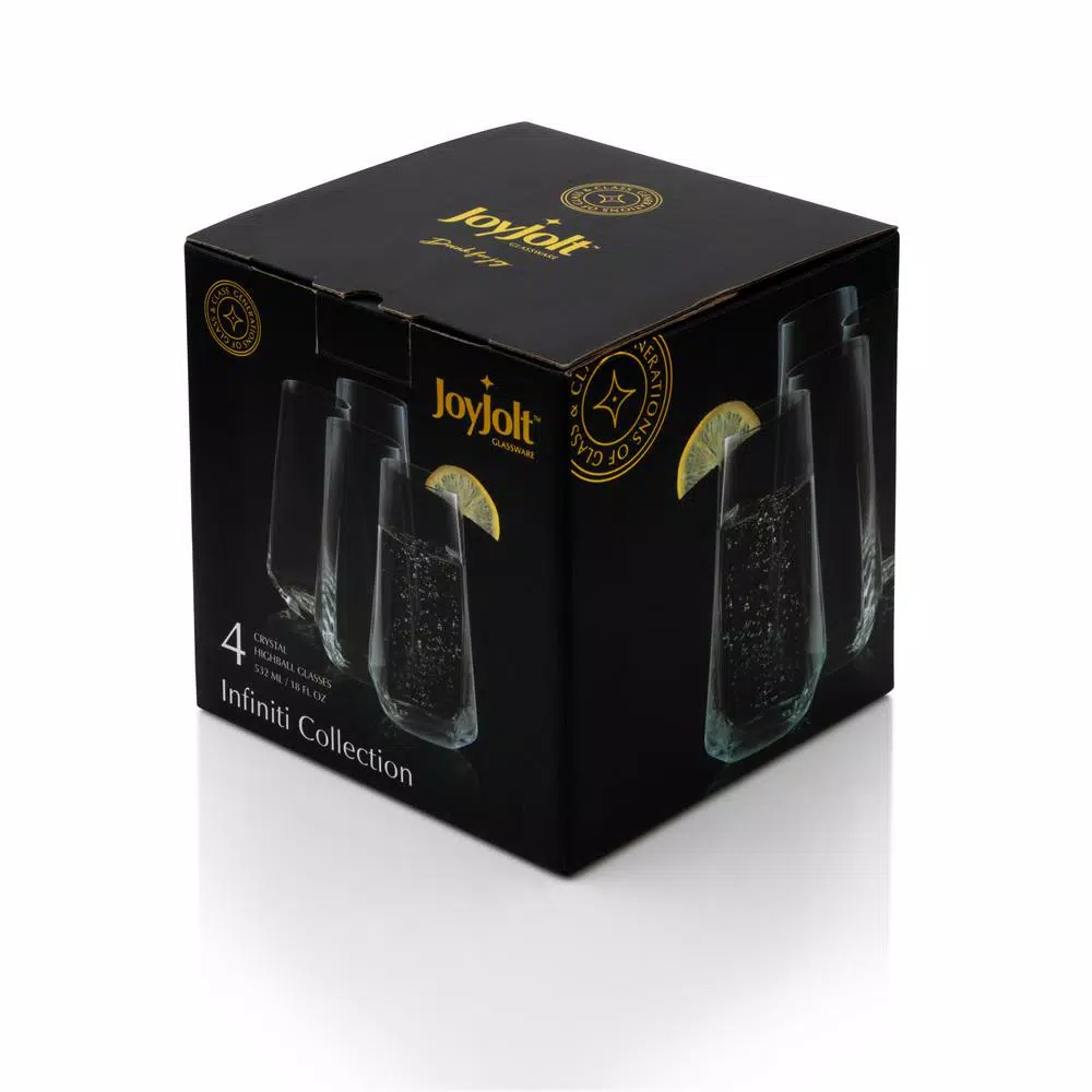 JoyJolt Infiniti 18 oz. Highball Glasses, Set of 4, Lead-Free Crystal Glassware