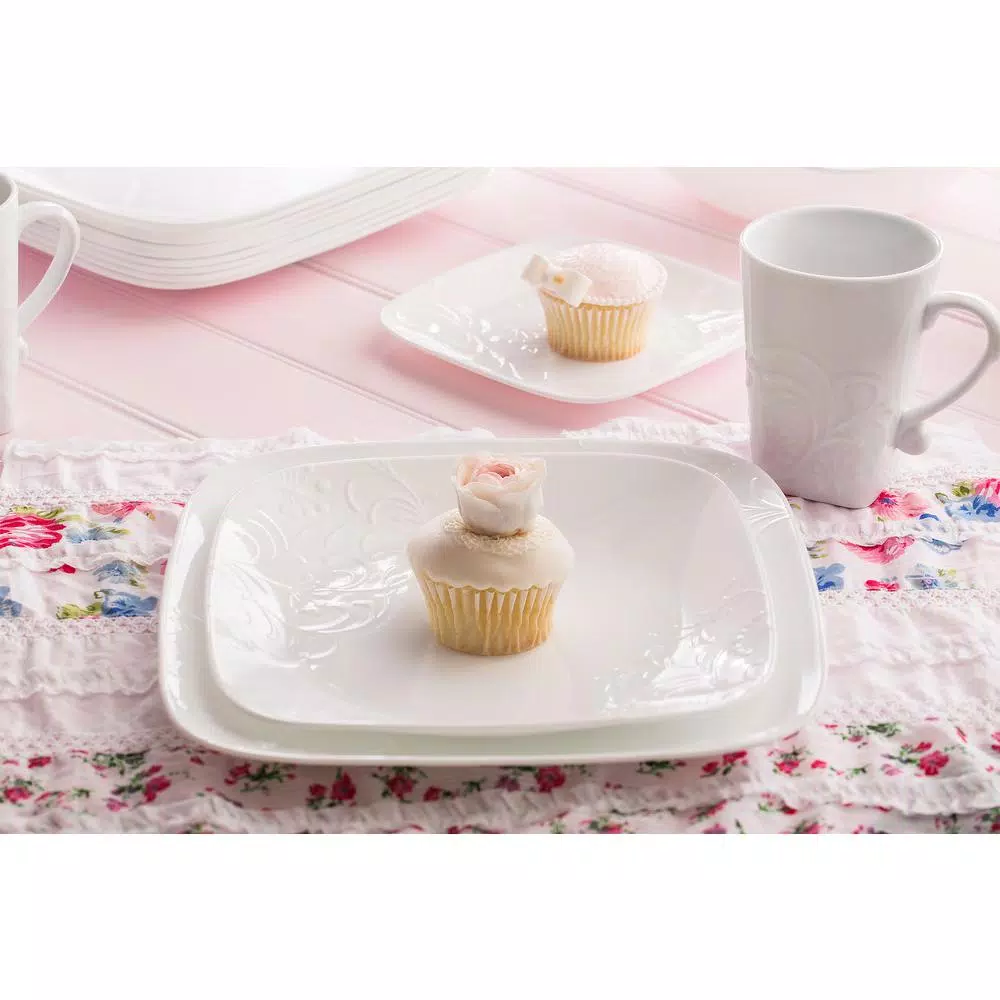 Corelle Boutique 16-Piece Cherish Porcelain Dinnerware Set, White Embossed Floral, Service for 4