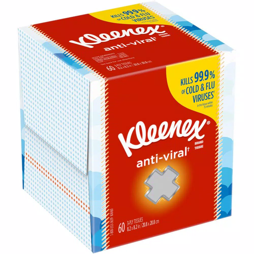 Kleenex Anti-Viral Facial Tissues, 3-Ply, 60-Count Cube Box