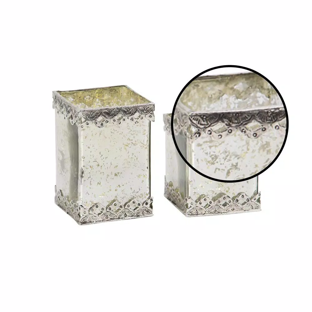 LITTON LANE White Cuboid Glass Candle Holders with Silver Ornate Details, Set of 2