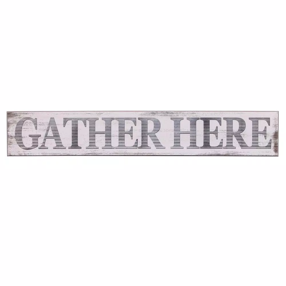 Pinnacle Gather Here Rustic Wood Wall Art - 6 in. x 36 in. Farmhouse White Wood Sign