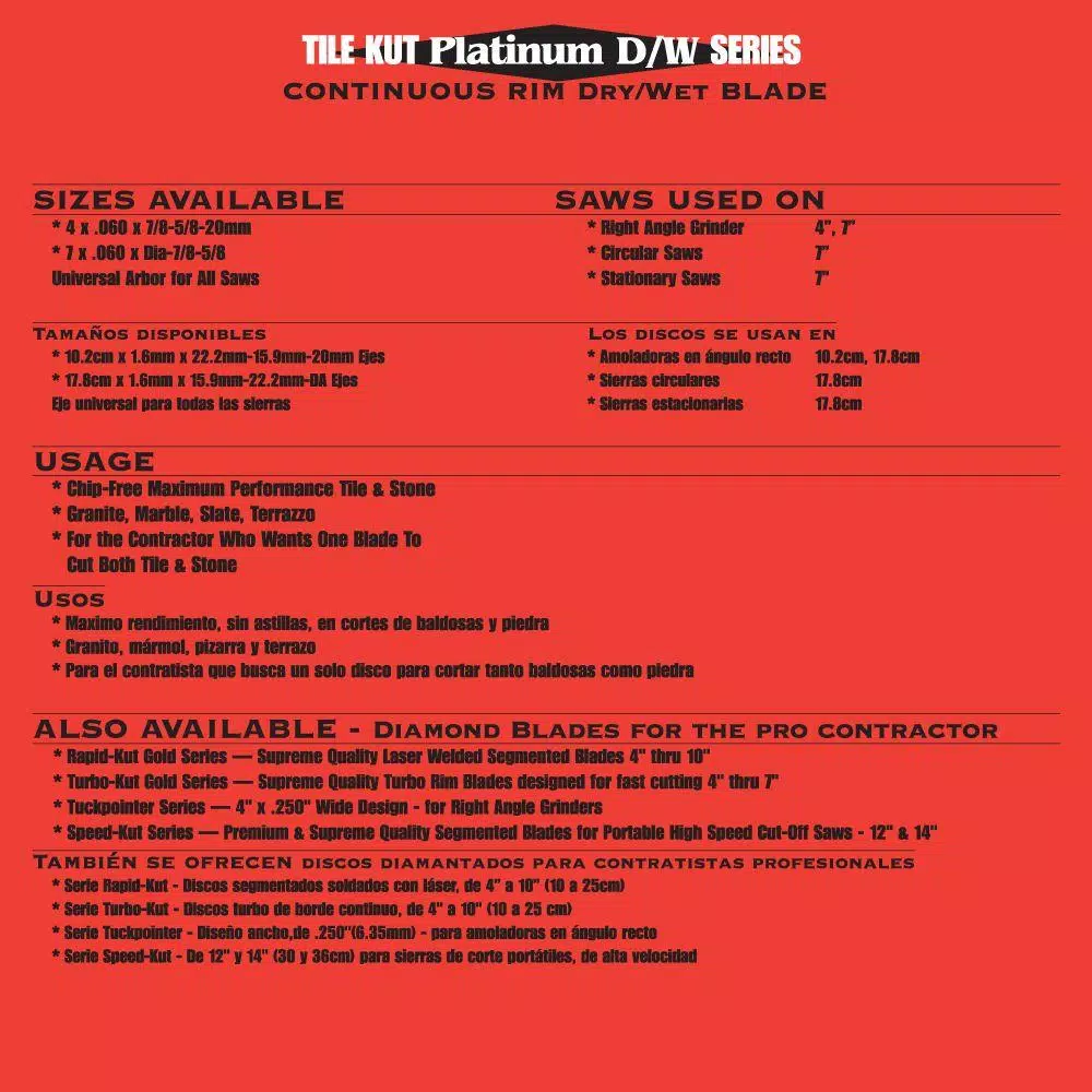 Quasar Tile Kut Platinum 7 in. Continuous Rim Diamond Blade for Tile, Stone, Marble & Granite