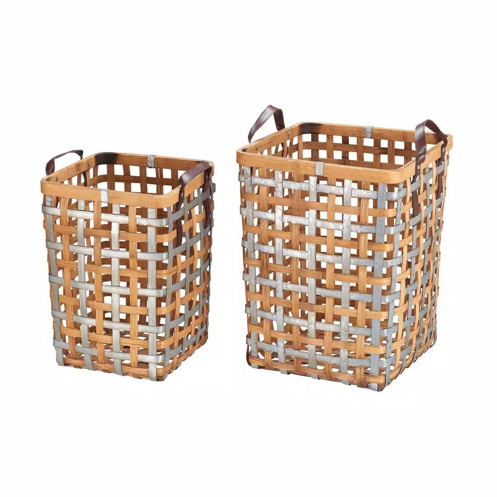 Home Decorators Collection Square Galvanized Metal and Bamboo Woven Decorative Baskets, Set of 2
