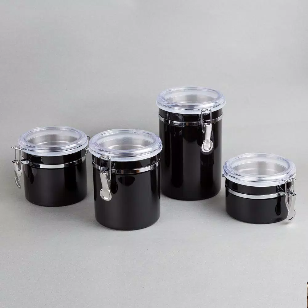 Creative Home 4-Piece Black Stainless Steel Canister Set with Airtight Locking Clamp Lids