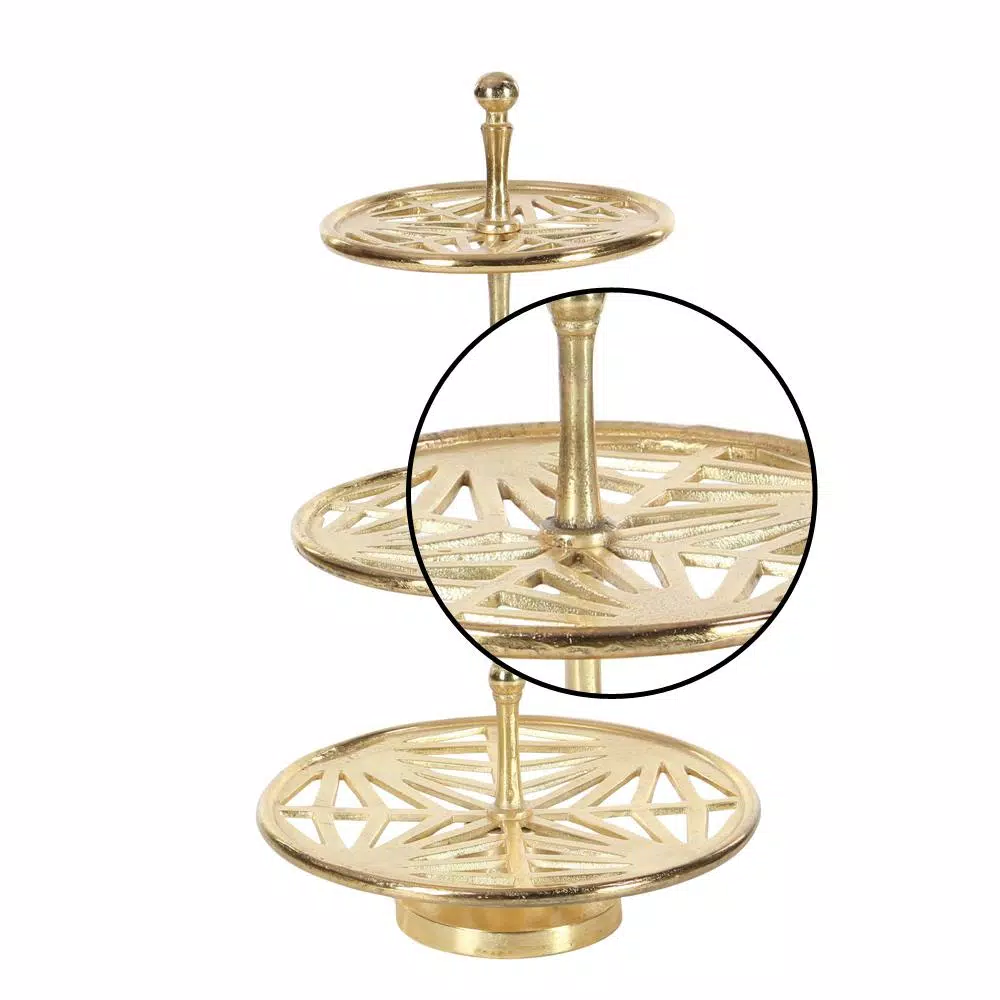 LITTON LANE Modern Reflections 3-Tier Gold Aluminum Tray Stand with Geometric Cut-Outs, 12 x 21 in.
