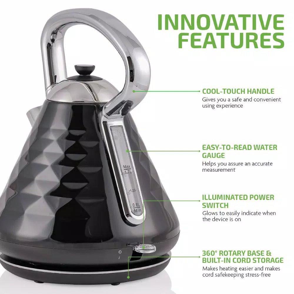 Ovente Cleo Collection 1.7L Electric Kettle, 1500W Stainless Steel Tea Kettle with Auto Shut-Off, Black