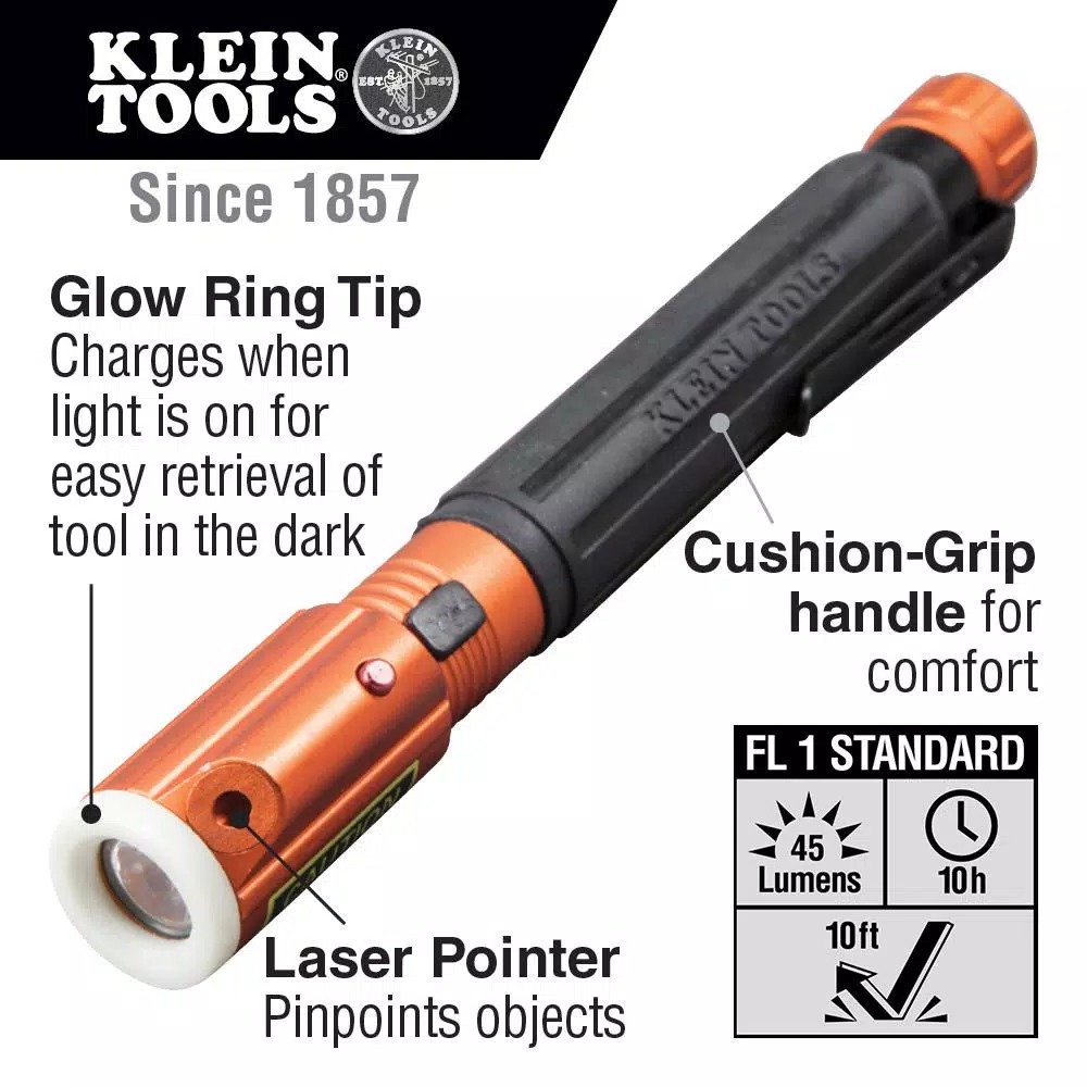 Klein Tools Inspection Penlight with Laser, 45 Lumens, LED, Orange/Black