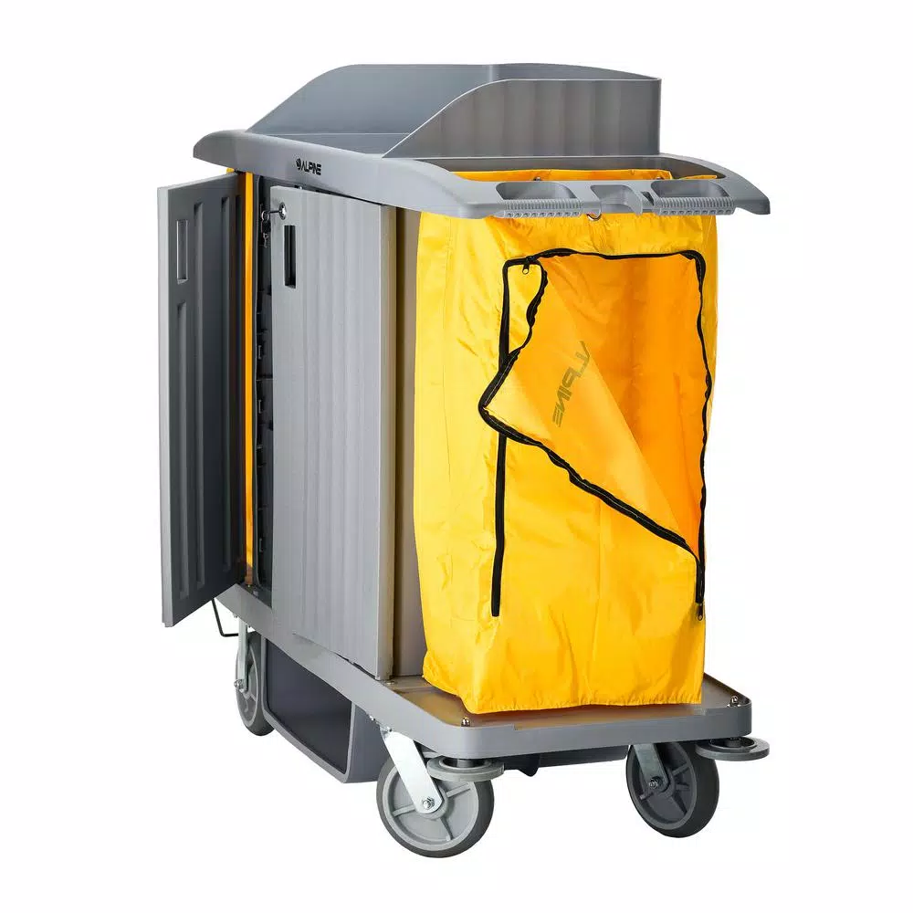 Alpine Industries 3-Shelf PVC Janitorial Cleaning Cart with 2 Yellow Vinyl Bags