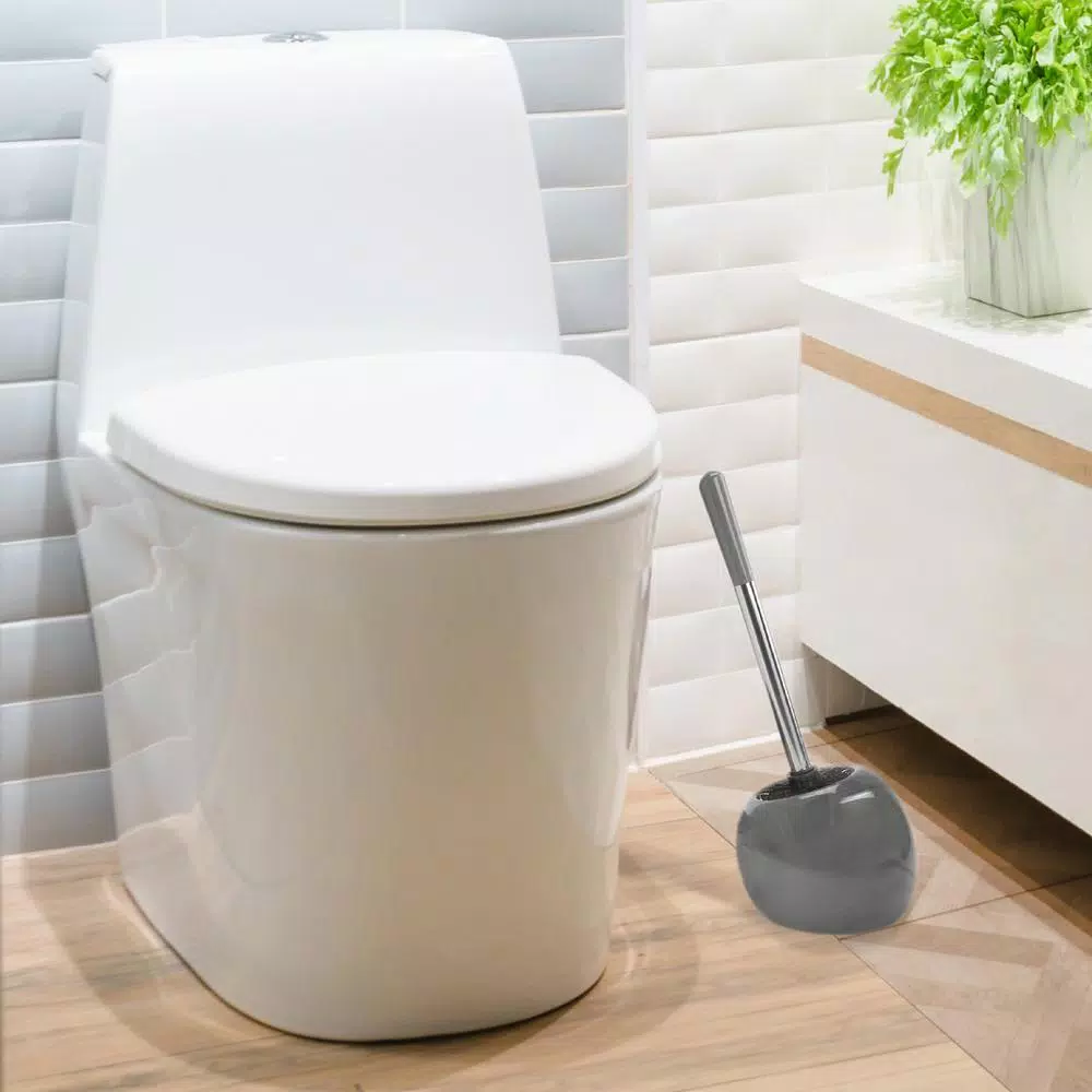 Bath Bliss 14 in. Ceramic Dome Toilet Brush and Holder Set with Stainless Steel Handle, Grey