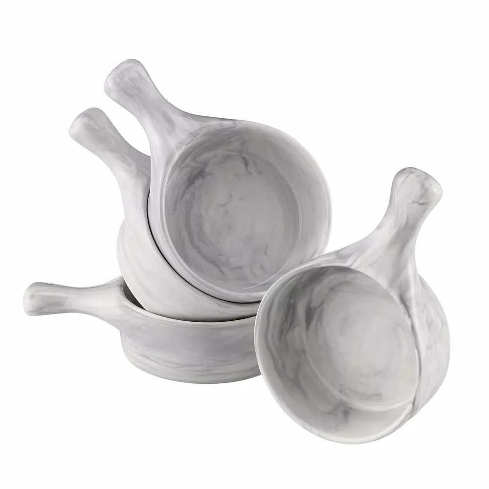 Over and Back 6 oz. Marble Grey Porcelain Handled Serving Bowls, Set of 4