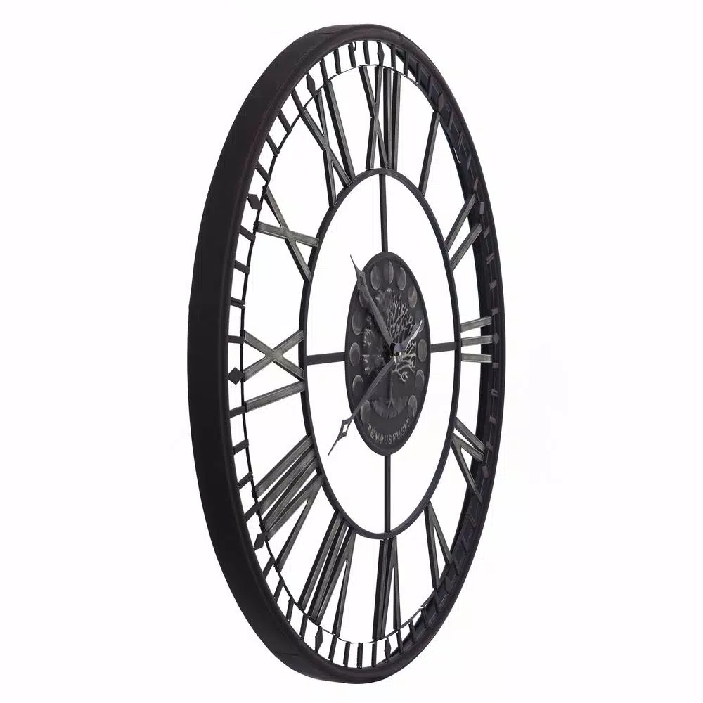 StyleCraft Aged Black Metal Roman Numeral Analog Wall Clock - Oversized 43 Inch Round Mid-Century Decor