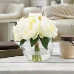 Pure Garden 8 in. Cream Rose Artificial Floral Arrangement in Glass Vase thumbnail 1