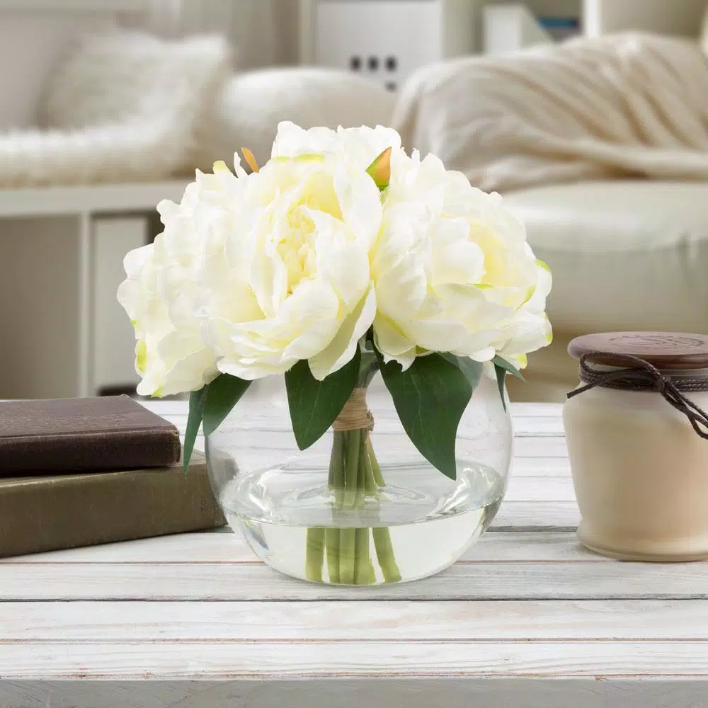 Pure Garden 8 in. Cream Rose Artificial Floral Arrangement in Glass Vase