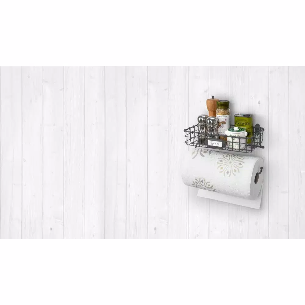Spectrum Vintage Living Wall Mount Basket with Paper Towel Holder, Industrial Gray Steel