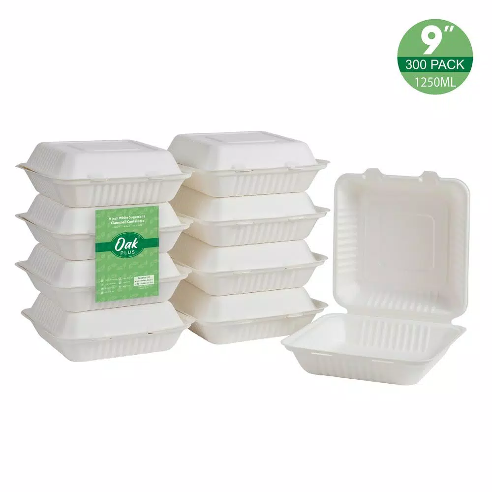 Unbranded 9 in. White Sugarcane Clamshell Containers, 300 Pack - Eco-Friendly & Compostable