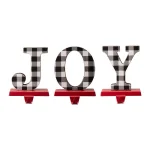 Glitzhome JOY Christmas Stocking Holder Set of 3 - Buffalo Plaid Wood and Metal Decor thumbnail 1