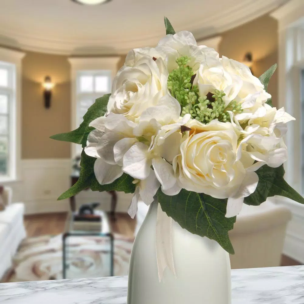 National Tree Company 12.2 in. Mixed Cream Rose and Hydrangea Silk Flower Bouquet