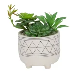 Flora Bunda 6 in. White and Black Geometric Ceramic Footed Planter with Faux Succulent Mix thumbnail 1