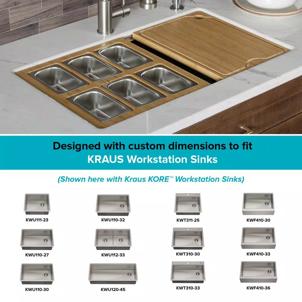 Kraus Workstation Kitchen Sink Accessory Set with Bamboo Serving Board and 6 Stainless Steel Prep Bowls