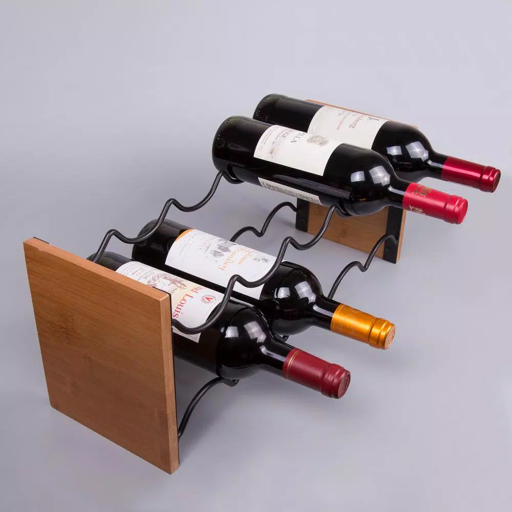 Creative Home Acacia Wood and Black Iron Wine Rack - 9 Bottle Capacity Tabletop Wine Holder