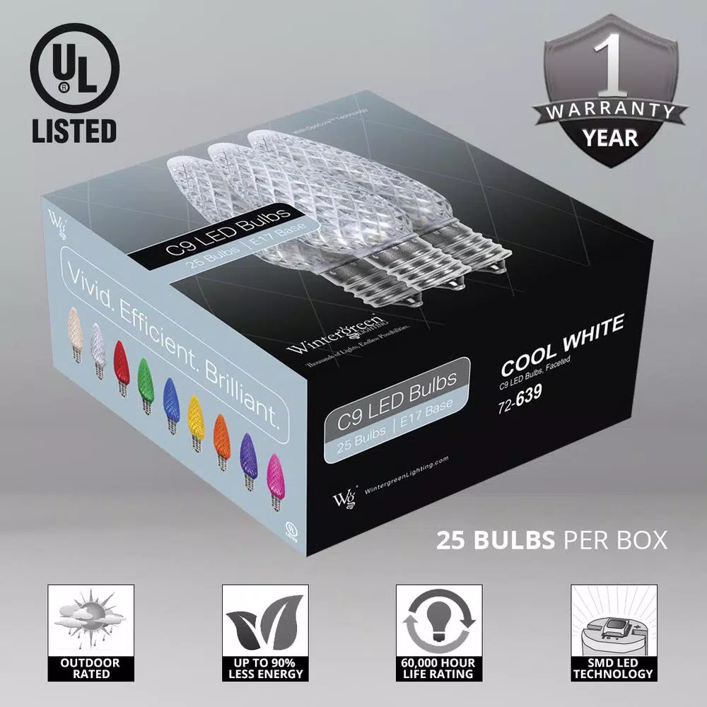Wintergreen Lighting OptiCore C9 LED Cool White Faceted Christmas Light Bulbs, 25-Pack