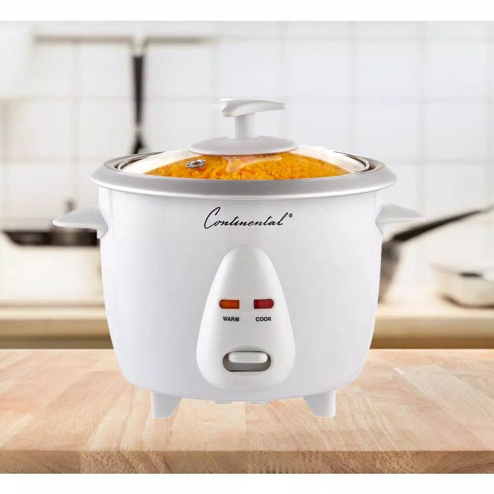 Continental Electric 6-Cup White Rice Cooker and Steamer with Tempered Glass Lid