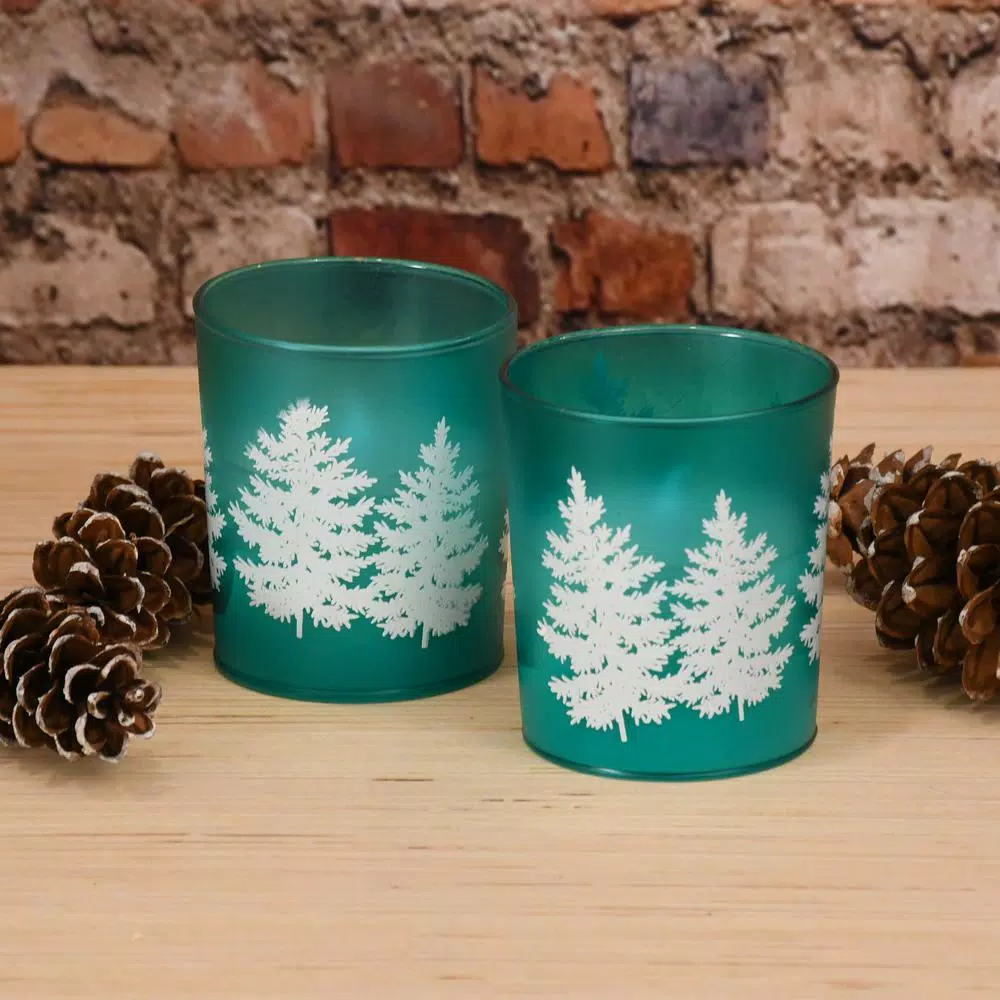 LUMABASE LED Wax Candle in Green Pine Glass, Set of 2