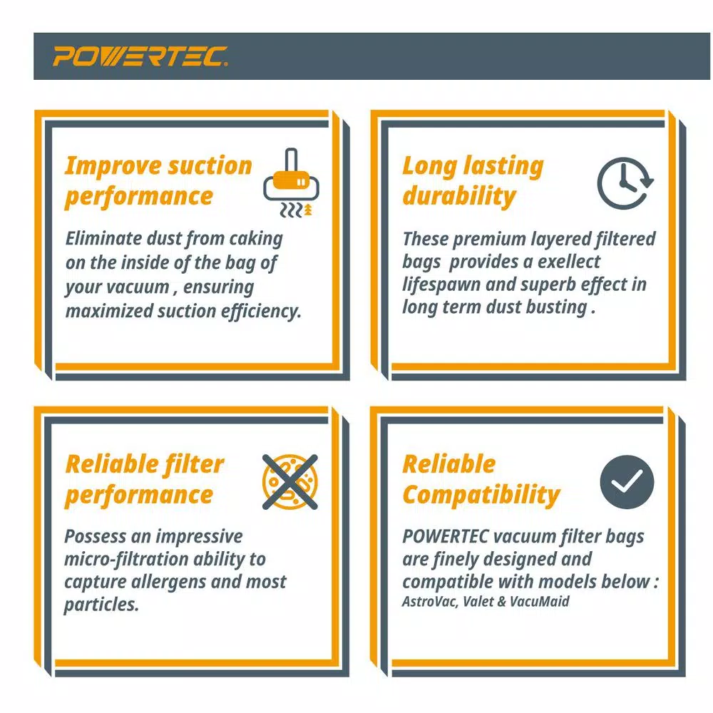 POWERTEC HPB2H HEPA Filter Replacement Vacuum Bags for AstroVac, VacuMaid, and Valet (3-Pack)