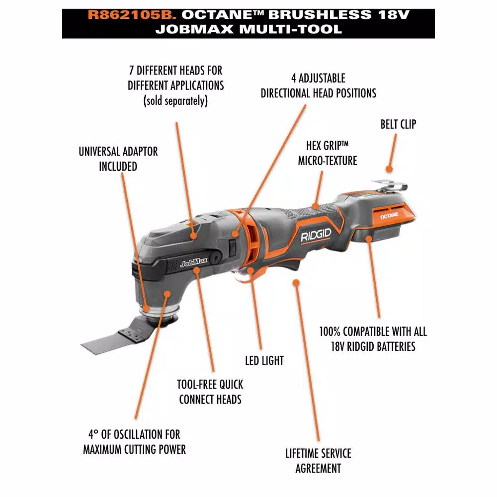 RIDGID 18V OCTANE Brushless JobMax Multi-Tool Kit with 14-Piece Oscillating Blade Accessory Set