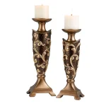 Unbranded Odysseus Baroque Pillar Candle Holder Set of 2, 14 in. and 16 in., Brown and Gold Floral Filigree thumbnail 2