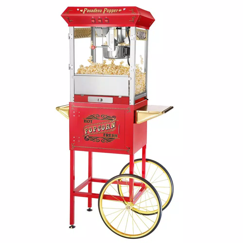 Great Northern Pasadena 8 oz. Antique Red Popcorn Machine with Cart, Commercial Quality Oil Popper