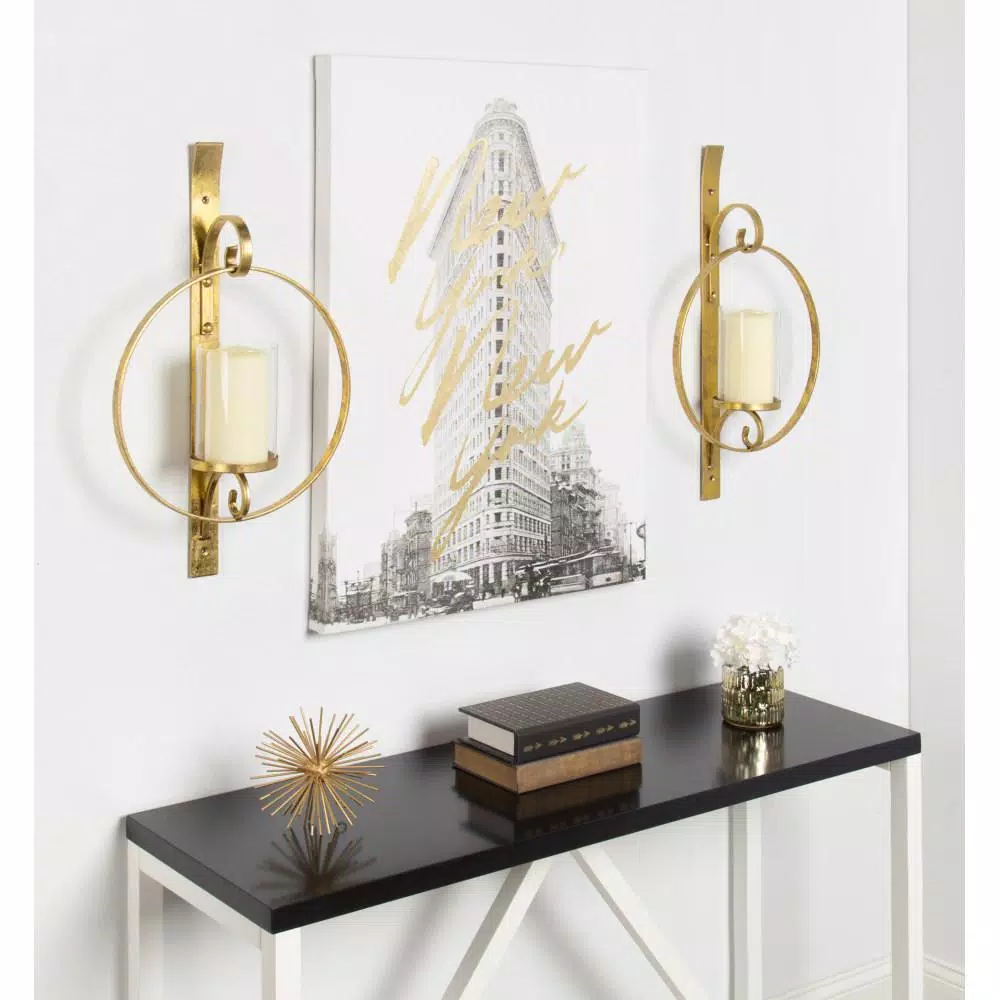 Kate and Laurel Doria Gold Metal Candle Sconce - Glamorous Round Wall Decor with Glass Pillar