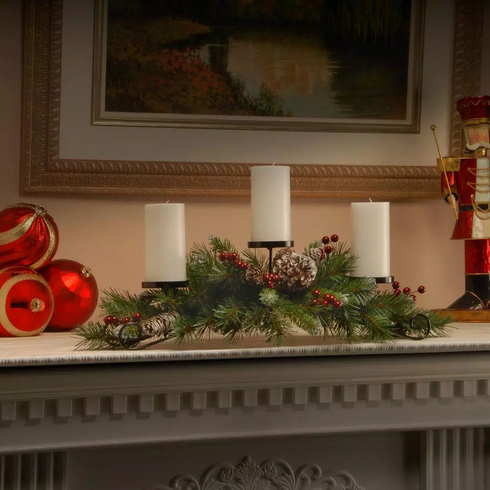 National Tree Company 30 in. Frosted Berry and Evergreen Centerpiece with 3-Candle Holder