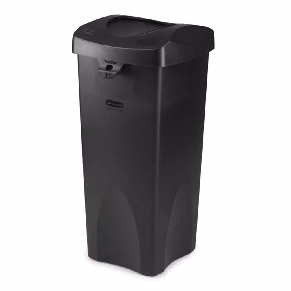 Rubbermaid Commercial Products Untouchable 23 Gal. Black Square Trash Can Swing Top Lid