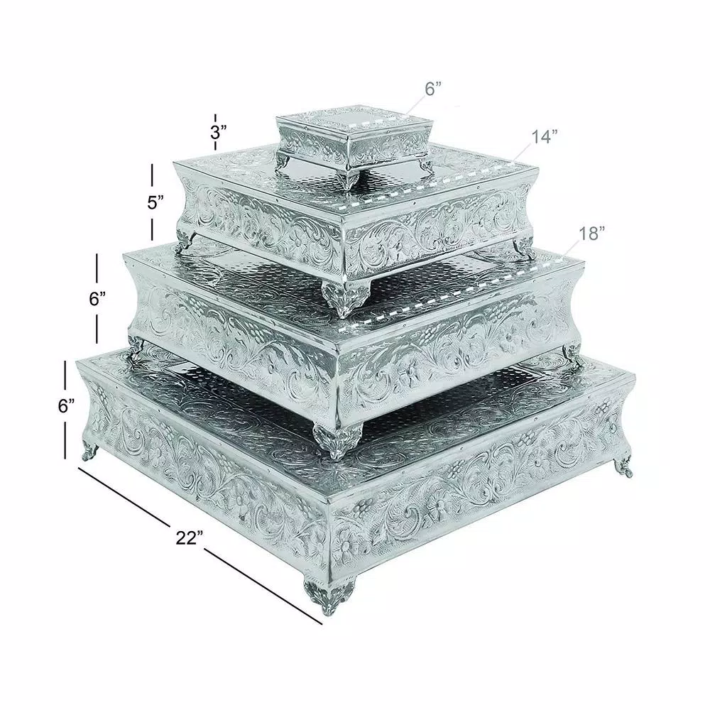 Benzara Silver Aluminum 4-Tier Cake Stand Set with Embossed Classic Pattern