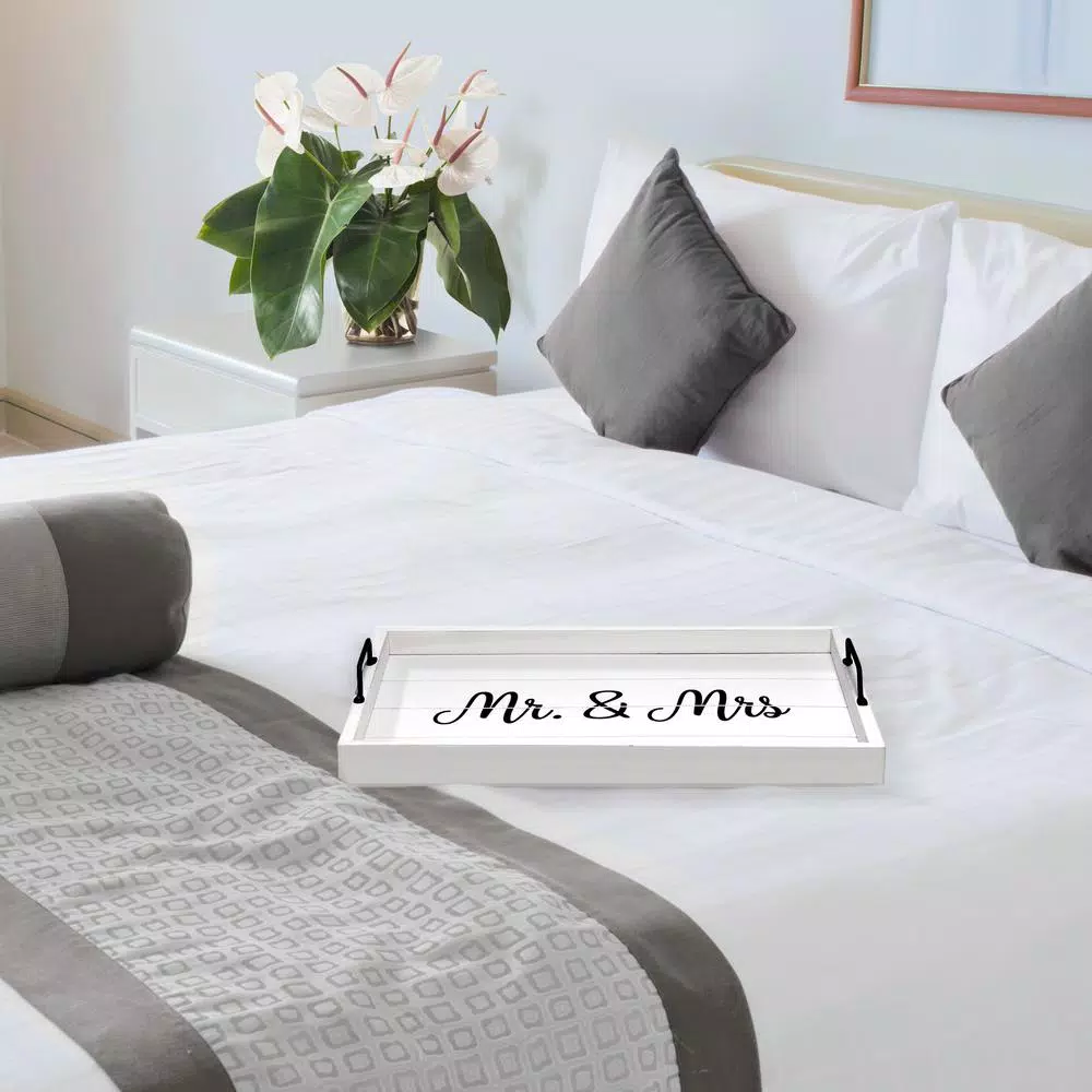 Elegant Designs White Wash Wooden Decorative Serving Tray with Black Metal Handles - Mr. and Mrs. Farmhouse Style
