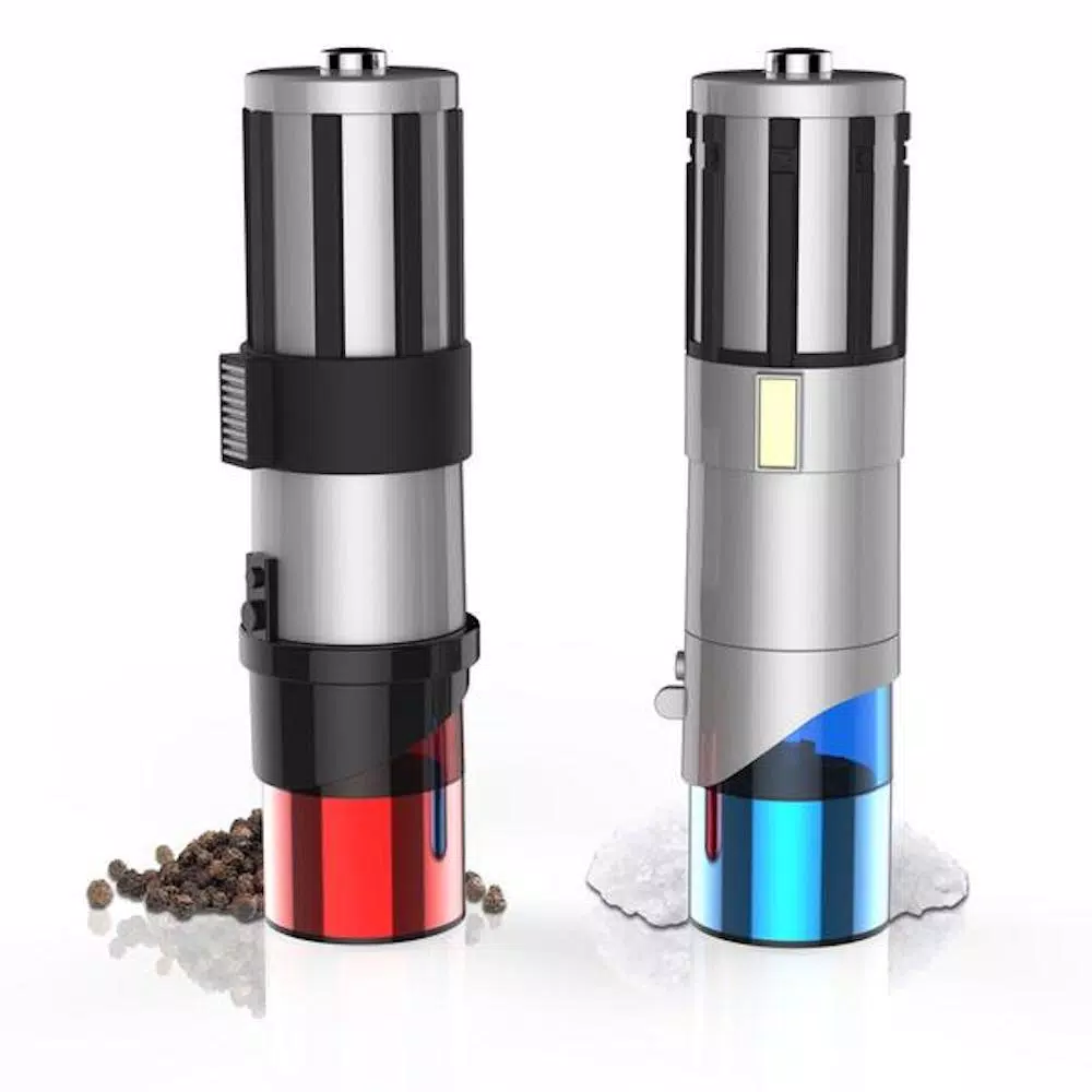 Uncanny Brands Star Wars Lightsaber Salt and Pepper Mill Set - Red and Blue Electric Grinders